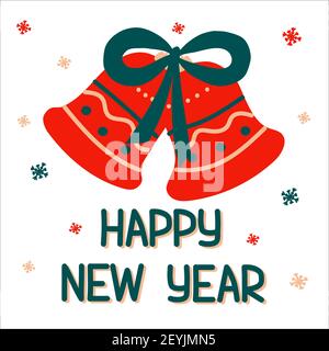 New Year traditional red bells with green ribbon in scandinavian hand drawn style with lettering. Vector illustration, one simple bright object, squar Stock Vector
