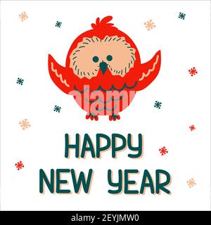 New Year card with a cute owl on a white background with a pattern of snowflakes in scandinavian hand drawn style with lettering. Vector illustration, Stock Vector