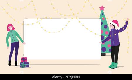 Merry Christmas man and woman smiling holding a white banner, a place for your text. Concept preparation and holiday greetings. Bright vector illustra Stock Vector