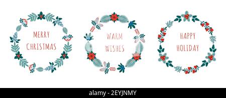 Merry Christmas collection of greeting cards with winter plants frame in the modern flat style. Stock vector illustrations with botanical symbols of h Stock Vector