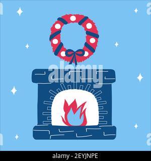 Merry christmas classic blue fireplace and pink wreath in scandinavian doodle style. Vector happy new year illustration, simple bright objects, square Stock Vector