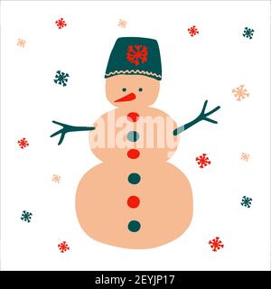 Christmas traditional snowman in a beautiful hat on a white background with snowflakes in scandinavian hand drawn style. Vector illustration, simple o Stock Vector