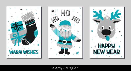 Collection of Christmas and New Year greeting cards in the Scandinavian doodle style - turquoise, silver and black colors. Stock vector illustrations Stock Vector