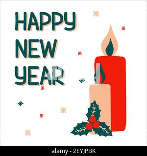 New Year traditional candles and mistletoe in scandinavian hand drawn style with lettering. Vector illustration, simple bright objects, square format. Stock Vector