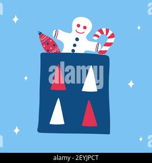 Christmas gift bag with gingerbread, candy and an bauble icicle New year toy in scandinavian hand drawn style. Suitable for a greeting card or banner. Stock Vector