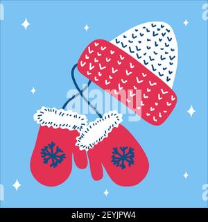 Christmas traditional pink hat and mitten mittens with snowflakes in scandinavian hand drawn style on a blue background. Vector illustration, square f Stock Vector
