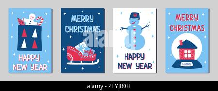 Set of Christmas and New Year greeting cards in the Scandinavian doodle style, classic blue, pink and white colors. Stock vector illustrations with sy Stock Vector