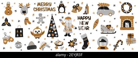 Merry Christmas set of holiday elements in Scandinavian hand drawn style with inscriptions Happy New Year. Vector illustration - clip-art collection o Stock Vector
