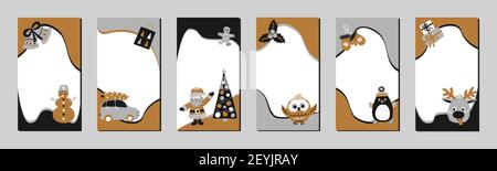 Set of Christmas stories template for social networks in the style of Scandinavian simple hand drawing. Holiday frames for photo with cute characters Stock Vector