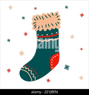 Christmas traditional boot for gifts in scandinavian hand drawn style with lettering. Vector illustration, one simple bright object, square format. Stock Vector