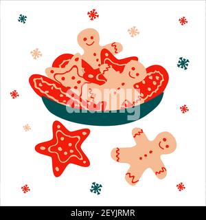 Christmas traditional plate with gingerbread men and cookies stars on a white background with snowflakes in scandinavian hand drawn style. Vector illu Stock Vector