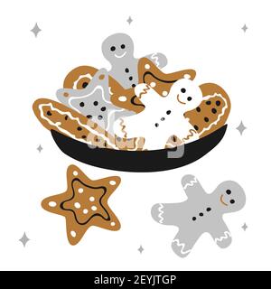 Christmas traditional plate with gingerbread men and cookies stars on a white background with snowflakes in scandinavian hand drawn style. Vector illu Stock Vector