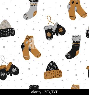 Seamless vector new year and christmas pattern in scandinavian simple hand drawing style. Traditional festive winter warm clothes - socks, hats Stock Vector