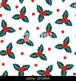 Seamless Christmas pattern - made of red and green of repeating dots and mistletoe on a white background in the traditional Scandinavian style. Stock Vector