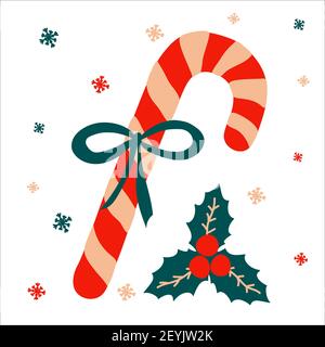 Christmas traditional sweet gift candy cane with a bow and beside it lies mistletoe on a white background with snowflakes in scandinavian hand drawn. Stock Vector