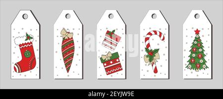 New Year and Christmas set of gift tags in the style of hand drawing. Vector traditional holiday items on a white background. Bright cartoon labels Stock Vector