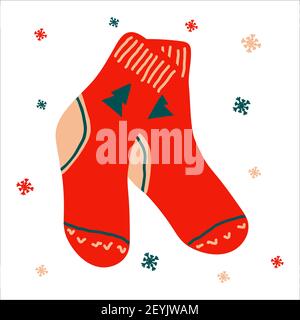 Christmas traditional warm socks in scandinavian hand drawn style. Vector illustration, one simple bright object, square format. Suitable for social Stock Vector