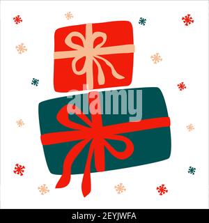 Christmas traditional bright gifts with bows on a white background with snowflakes in scandinavian hand drawn style. Vector illustration, square Stock Vector
