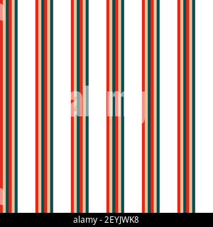 Seamless vector pattern of narrow stripes of red, green and beige color on a white background. Made in a minimalistic style of hand drawing. Stock Vector