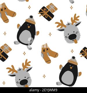 Seamless vector pattern New Year and Christmas in the style of Scandinavian simple hand drawing - gold, silver, black. Ornament with penguin, socks Stock Vector