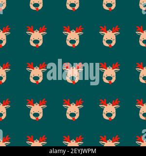 Seamless Christmas pattern of repeating elements - funny deer on a green backdrop. Vector illustration in scandinavian style of hand drawing. Stock Vector