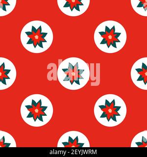 Bright red seamless Christmas pattern of repeating elements - white circles with poinsettia in the center. Vector illustration in a festive style. Stock Vector
