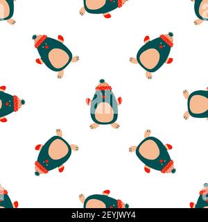 Seamless vector pattern New Year and Christmas in the style of Scandinavian simple hand drawing. Traditional holiday cute penguin, socks, reindeer Stock Vector