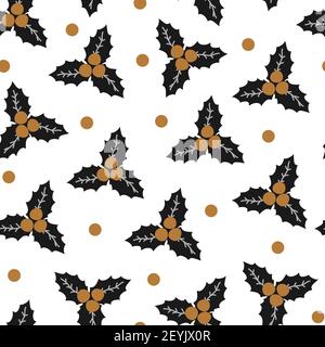 Seamless Christmas pattern in gold, silver, black colors of repeating dots and mistletoe on a white background in the Scandinavian style. Used as a Stock Vector