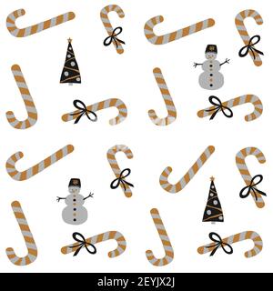 Seamless vector pattern Happy New Year and Merry Christmas in the style of Scandinavian simple hand drawing. Traditional holiday symbol - candy cane Stock Vector