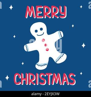 Christmas gingerbread man on a classic blue background with a pattern of snowflakes in scandinavian doodle style with lettering. Vector illustration - Stock Vector