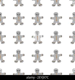 Seamless Merry Christmas pattern of repeating elements - gingerbread men on a white background. Vector illustration in scandinavian style of hand Stock Vector