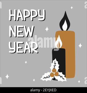 Happy New Year traditional candles and mistletoe in scandinavian hand drawn style with lettering - gold, silver, black. Vector illustration, square Stock Vector