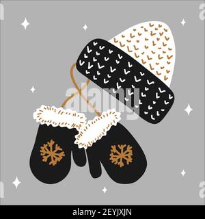 Christmas traditional winter hat and mitten mittens with snowflakes in scandinavian hand drawn style - gold, silver, black. Vector illustration Stock Vector