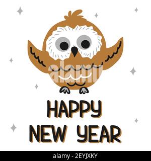 Happy New Year card with a cute owl on a white background in scandinavian hand drawn style with lettering in gold, silver, black colors. Vector Stock Vector