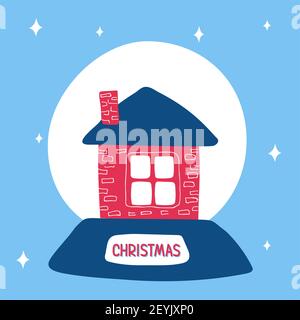 Christmas snow globe with a cozy house inside on a blue background with a pattern of snowflakes in scandinavian doodle style. Vector illustration, one Stock Vector