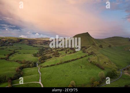 Beautiful aerial drone landscape image of Peak District countryside at sunrise on Autumn Fall morning Stock Photo