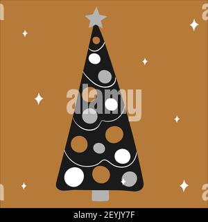 Holiday decorated Christmas tree with garlands and balls on a white background in gold, silver, black colors. Vector illustration, in scandinavian Stock Vector