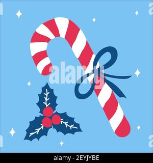 Christmas traditional sweet gift candy cane with a bow and beside it lies mistletoe on a blue background with snowflakes in scandinavian doodle style Stock Vector