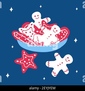 Christmas traditional plate with gingerbread men and cookies stars on a classic blue background with snowflakes in hand drawn doodle style. Vector Stock Vector