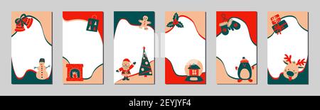 Set of Christmas stories template for social networks in the style of Scandinavian simple hand drawing. Holiday frames for photo with cute characters Stock Vector