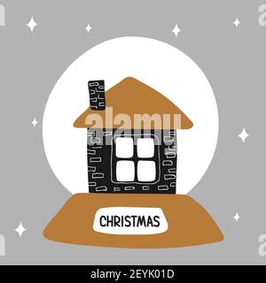 Merry Christmas snow globe with a cozy house inside on a white background in scandinavian hand drawn style and gold, silver, black colors. Vector Stock Vector