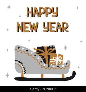 Happy New Year traditional patterned sleigh with gifts in scandinavian hand drawn style with lettering in gold, silver, black colors. Vector Stock Vector