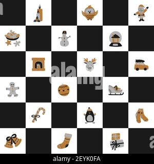 Seamless Merry Christmas pattern of black squares staggered on a white background with cute holiday characters - deer, santa, penguin, owl, snowman Stock Vector