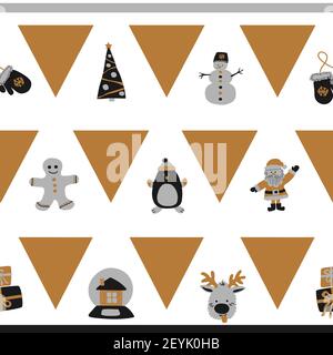 Christmas seamless border horizontal pattern of repeating gold triangles and cute characters - Santa Claus, snowman, deer, penguin, gingerbread man on Stock Vector
