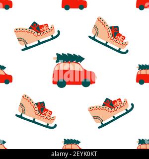 Seamless Christmas pattern of repeating elements - a red car carries a spruce on the roof and a holiday sleigh with gifts. Vector illustration in Stock Vector