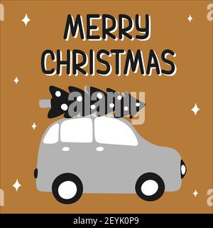 Funny car lucky spruce on the trunk for merry christmas in scandinavian hand drawn style with lettering in gold, silver, black colors. Suitable for a Stock Vector
