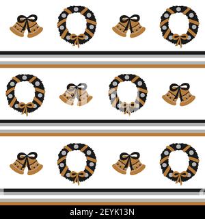 Christmas seamless vector border pattern in horizontal repeating stripes of gold, silver, black with holiday wreath and bells on a white background Stock Vector