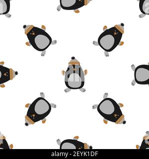 Seamless vector pattern Happy New Year and Merry Christmas in the style of Scandinavian simple hand drawing. Traditional holiday cute penguin Stock Vector