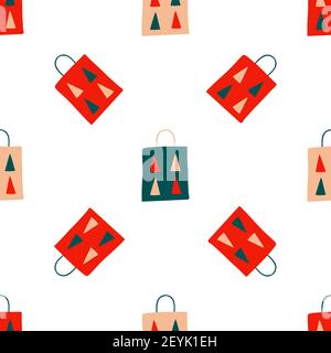 Seamless Christmas pattern of repeating holiday elements - gift paper bags with fir trees on a white background. Vector illustration in scandinavian. Stock Vector