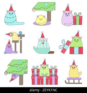 Merry Christmas set of holiday cats in cartoon style and pastel colors. Vector illustration - clip-art collection of cute pets, gifts, fir tree. Stock Vector